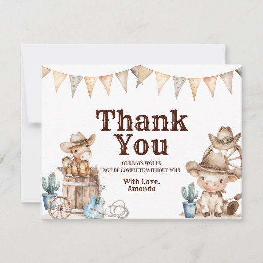 我々の小さなカウボーイワイルドウェスト赤ちゃんシャワー サンキューカード (正面)