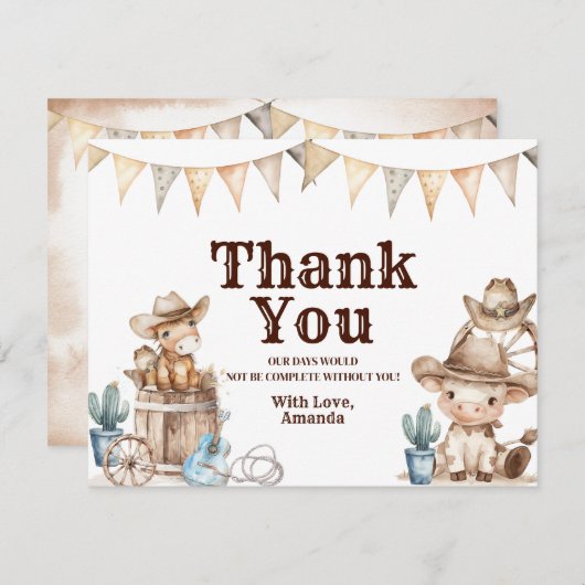 我々の小さなカウボーイワイルドウェスト赤ちゃんシャワー サンキューカード (正面/裏面)