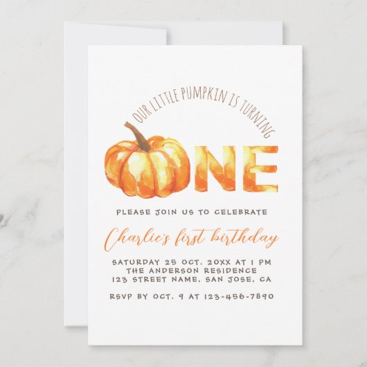 我々の小さなカボチャは一つの最初の誕生日を回している 招待状 (正面)