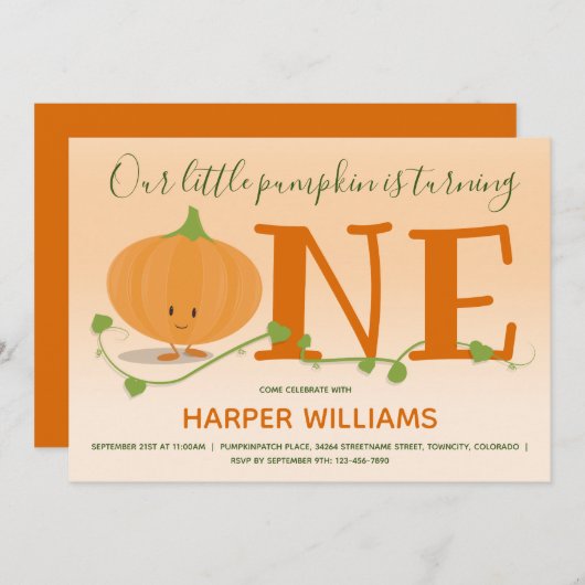 我々の小さなカボチャは一つの最初の誕生日を回している 招待状 (正面/裏面)