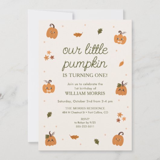 我々の小さなカボチャは一つの誕生日を回している 招待状 (正面)
