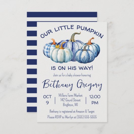 我々の小さなカボチャは、青い赤ちゃんシャワー彼の道にある 招待状 (正面/裏面)