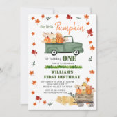 我々の小さなカボチャボーイ最初の誕生日グリーントラック 招待状 (正面)