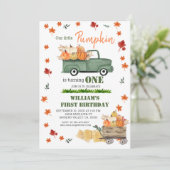 我々の小さなカボチャボーイ最初の誕生日グリーントラック 招待状 (スタンド正面)