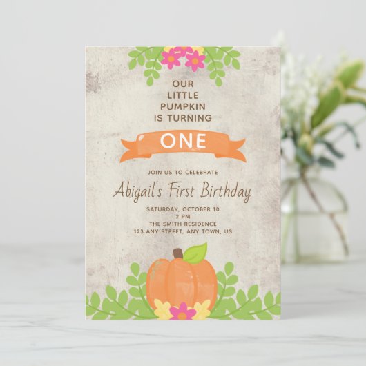 我々の小さなカボチャ最初の誕生日素朴花 招待状 (スタンド正面)