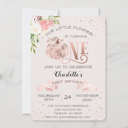 我々の小さなカボチャ1stの最初の誕生日 招待状 (正面)
