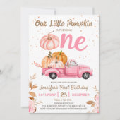 我々の小さなカボチャ |ピンク・トラック・ガール1st誕生日 招待状 (正面)