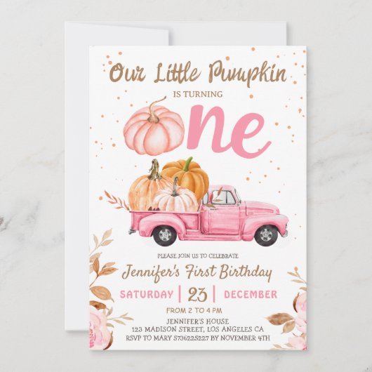我々の小さなカボチャ |ピンク・トラック・ガール1st誕生日 招待状 (正面)