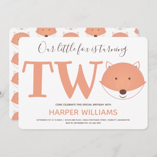 我々の小さなキツネが2秒の子供の誕生日 招待状 (正面/裏面)