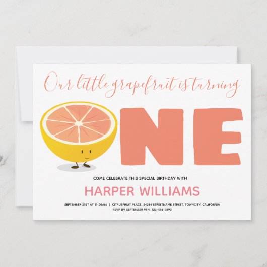 我々の小さなグレープフルーツが一番の誕生日 招待状 (正面)