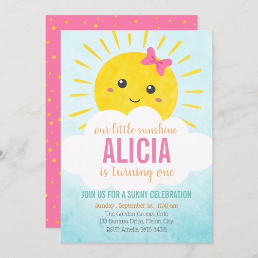 『我々の小さなサンシャイン』|女の子ファースト誕生日 招待状 (正面/裏面)