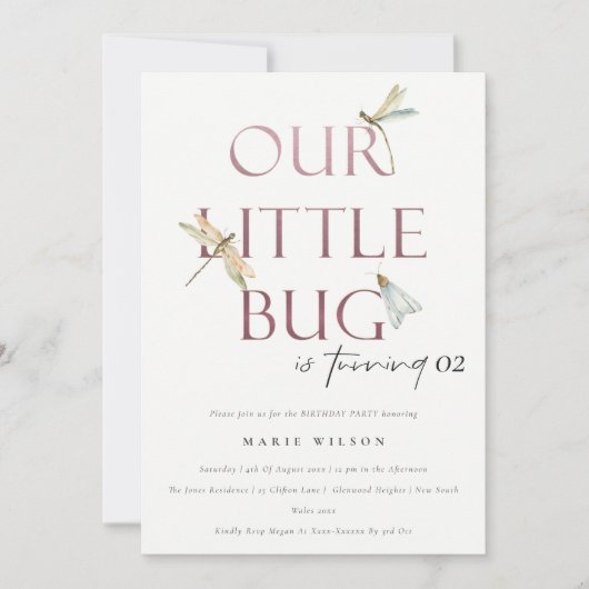 我々の小さなバグピンクトンフライ任意の年齢誕生日 招待状 (正面)