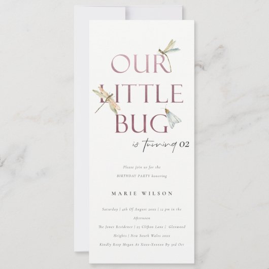 我々の小さなバグピンクトンフライ任意の年齢誕生日 招待状 (正面)