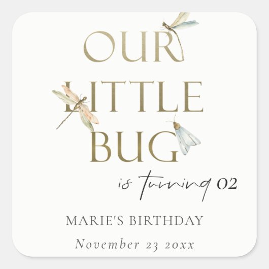 我々の小さなバグ金ゴールドドラゴンフライ任意の年齢誕生日 スクエアシール (正面)