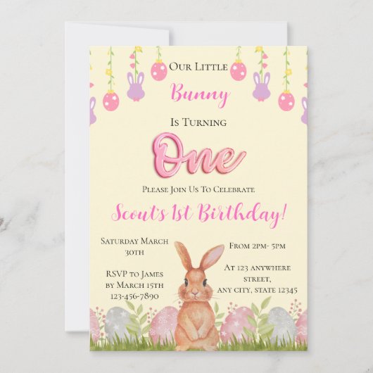 我々の小さなバニーは一つの誕生日を回している 招待状 (正面)