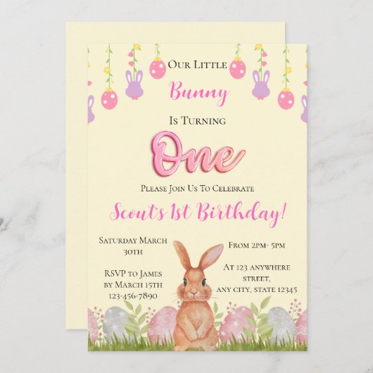 我々の小さなバニーは一つの誕生日を回している 招待状 (正面/裏面)