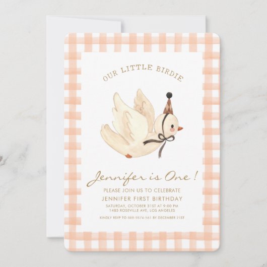 我々の小さなバーディウォーターカラーミニマルベビー誕生日 招待状 (正面)