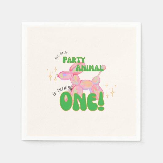 我々の小さなパーティーバルーン動物の最初の誕生日 スタンダードカクテルナプキン (正面)