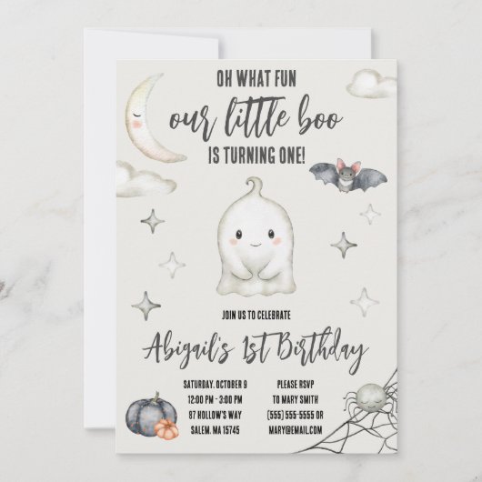 我々の小さなブーが一つになった!ハロウィーン誕生日 招待状 (正面)