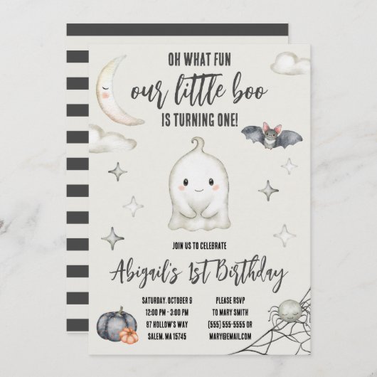 我々の小さなブーが一つになった!ハロウィーン誕生日 招待状 (正面/裏面)