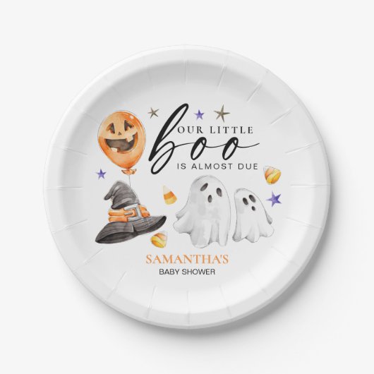我々の小さなブーはハロウィーンの赤ちゃんシャワー ペーパープレート (正面)