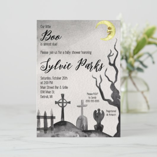 我々の小さなブーは、ほぼ正当な墓地の赤ちゃんシャワー 招待状 (スタンド正面)
