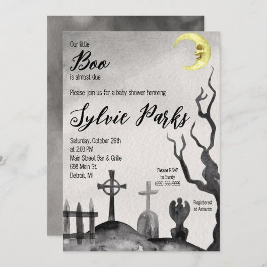 我々の小さなブーは、ほぼ正当な墓地の赤ちゃんシャワー 招待状 (正面/裏面)