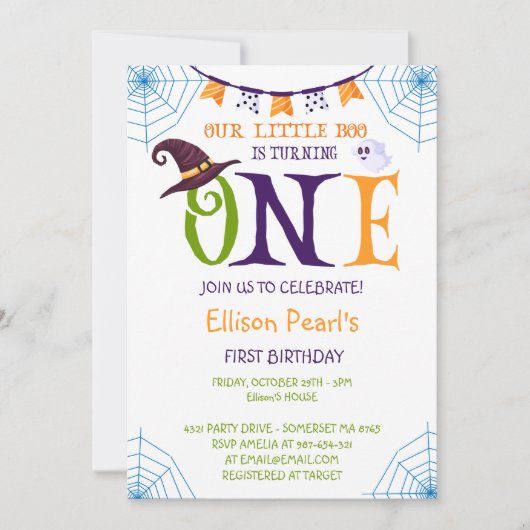 我々の小さなブーを回す1ハロウィーン1歳の誕生日 招待状 (正面)