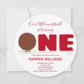 我々の小さなミートボールが1つ最初の誕生日を回す 招待状 (正面)