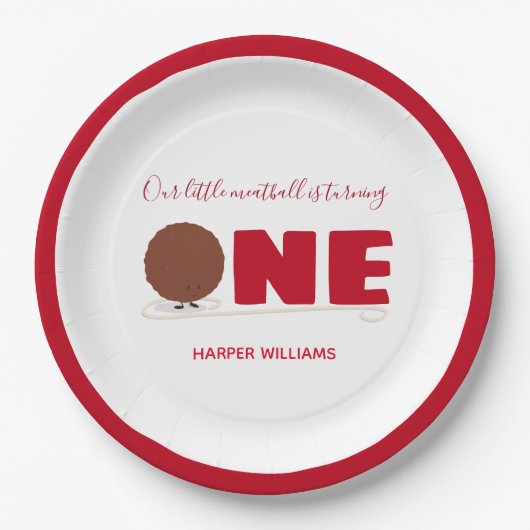 我々の小さなミートボールが1歳の誕生日を飾る ペーパープレート (正面)
