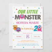 我々の小さなモンスターかわいいピンクの子供の誕生日パーティー 招待状 (正面)