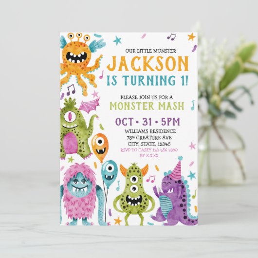 我々の小さなモンスターの最初の誕生日パーティーの招待 招待状 (スタンド正面)