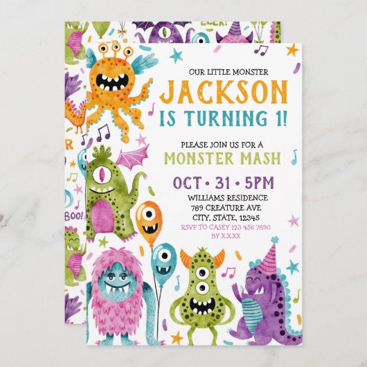 我々の小さなモンスターの最初の誕生日パーティーの招待 招待状 (正面/裏面)