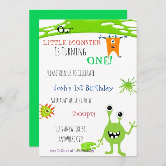 我々の小さなモンスターは一つの誕生日招待状 招待状 (正面/裏面)
