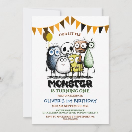 我々の小さなモンスター1歳の誕生日パーティー 招待状 (正面)
