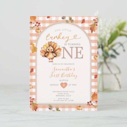 我々の小さな七面鳥の秋のアーチターニングワン誕生日 招待状 (スタンド正面)