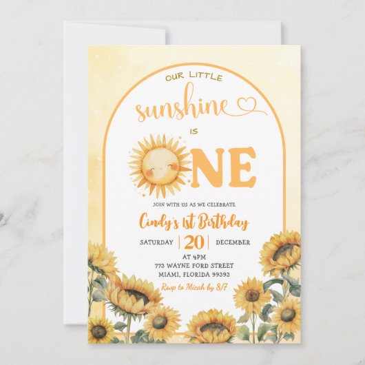我々の小さな太陽は1つの夏のテーマ最初の誕生日 招待状 (正面)