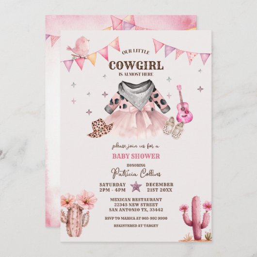 我々の小さな女性のカーボーイウェスタン赤ちゃんシャワー 招待状 (正面/裏面)