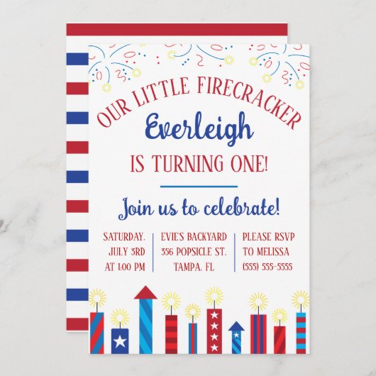 我々の小さな爆竹が一つ回っている！バースデー 招待状 (正面/裏面)