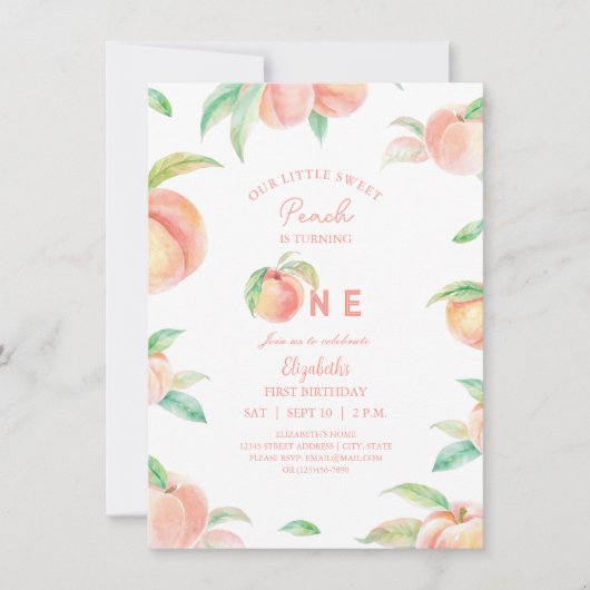 我々の小さな甘いピーチワンベビーファースト誕生日 招待状 (正面)