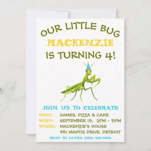 我々の小さな虫祈、マンティス、誕生日パーティー 招待状 (正面)