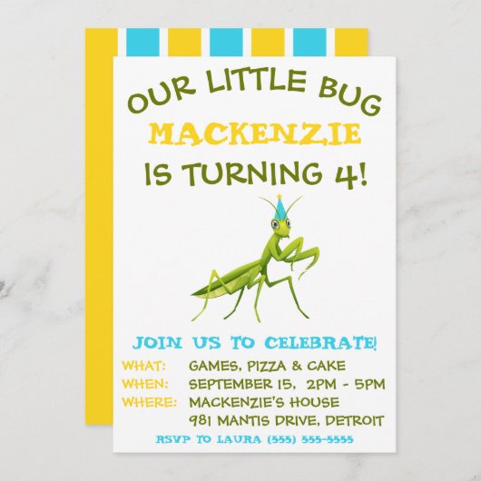 我々の小さな虫祈、マンティス、誕生日パーティー 招待状 (正面/裏面)