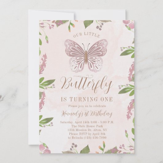 我々の小さな蝶が一歳の誕生日を迎える 招待状 (正面)