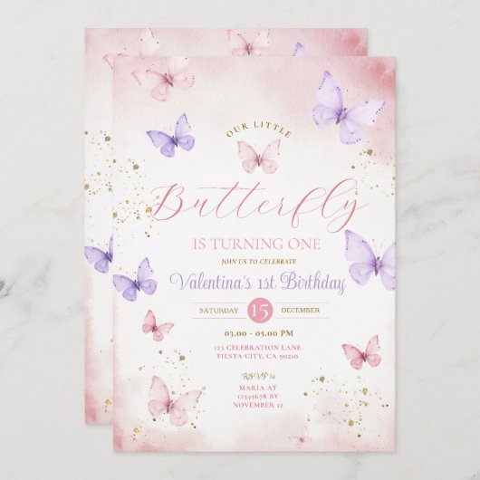 我々の小さな蝶はピンクと紫を一つ回している 招待状 (正面/裏面)