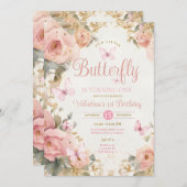 我々の小さな蝶はピンクの花を一つ回している 招待状 (正面/裏面)