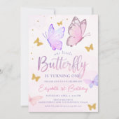 我々の小さな蝶 |ピンクパープルガール誕生日 招待状 (正面)