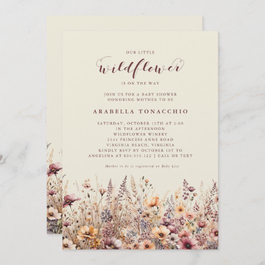 我々の小さな野花の秋フローラ赤ちゃんシャワー 招待状 (正面/裏面)