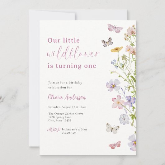 我々の小さな野花の誕生日蝶 招待状 (正面)