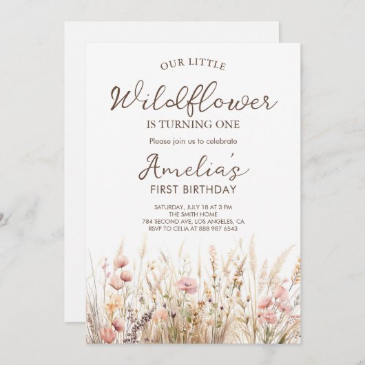 我々の小さな野花ガールファースト誕生日 招待状 (正面/裏面)