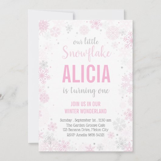 我々の小さな雪の結晶 | ガールファースト誕生日 招待状 (正面)